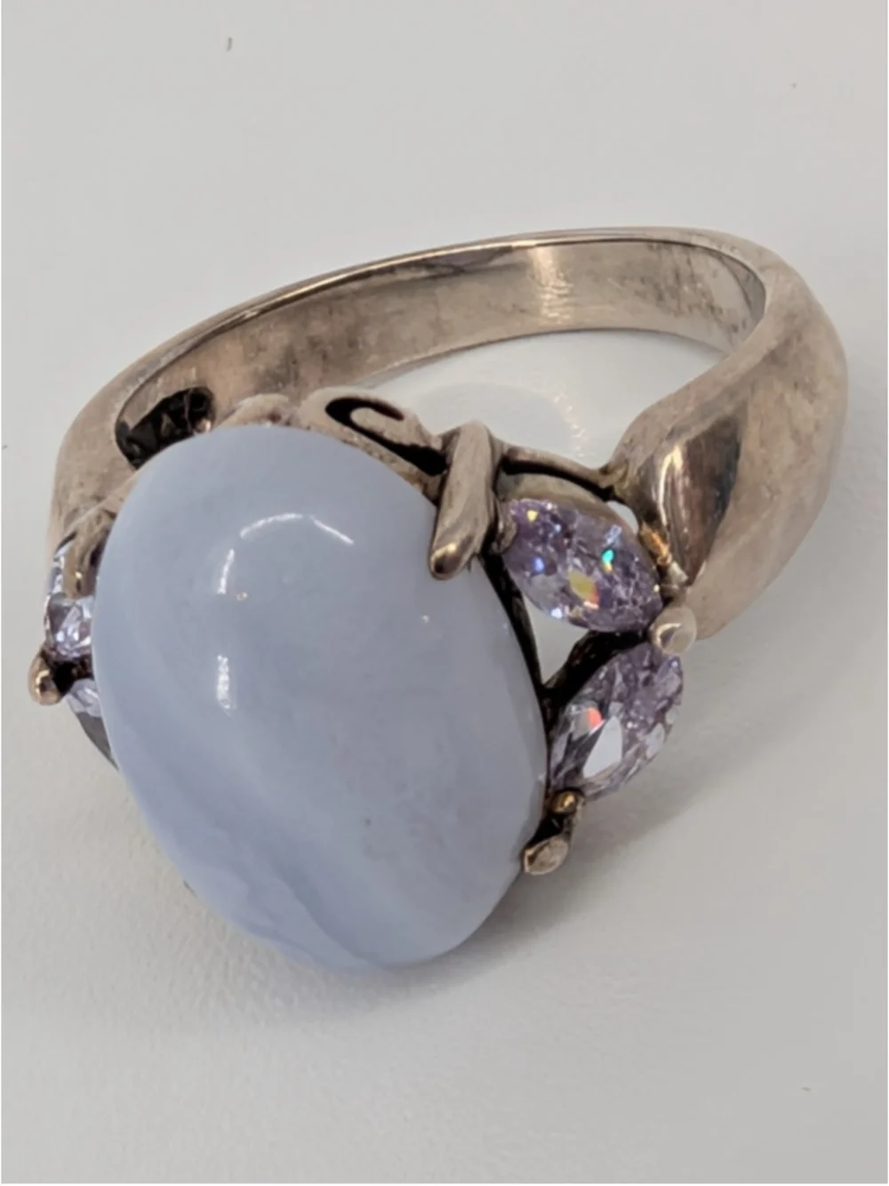 Vintage Avon 925 Sterling Silver Blue Lace Agate Lavender CZ Ring Size 6